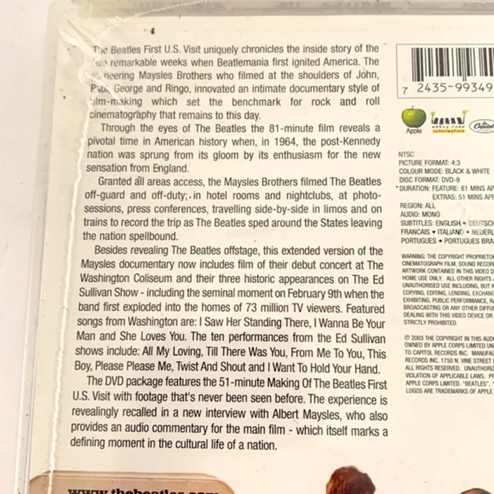 The Beatles NOS Sealed 2003 DVD The First U.S. Visit in 1964 to NY 132 Minutes